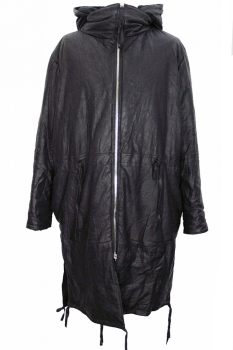 David's Road Black Leather, Hooded, Padded Coat