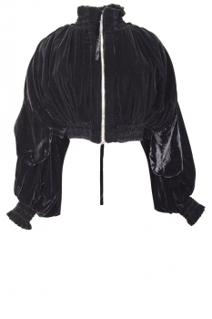 David's Road Black Padded velvet gathered, cropped bomber jacket