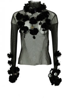 David's Road Black Turtleneck Top with flower attachments