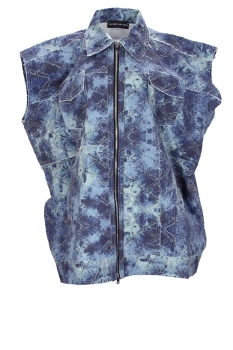 Barbara Bologna Printed Denim blue Oversized Sleeveless bomber style zip jacket