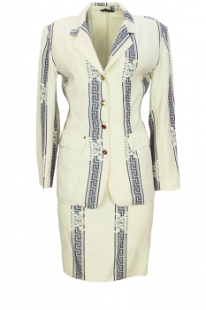  Off White with blue/black detail BrocadeSuit with Grecian border detail