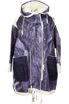 Rundholz Denim Print Hooded Zip and Buttoned Coat